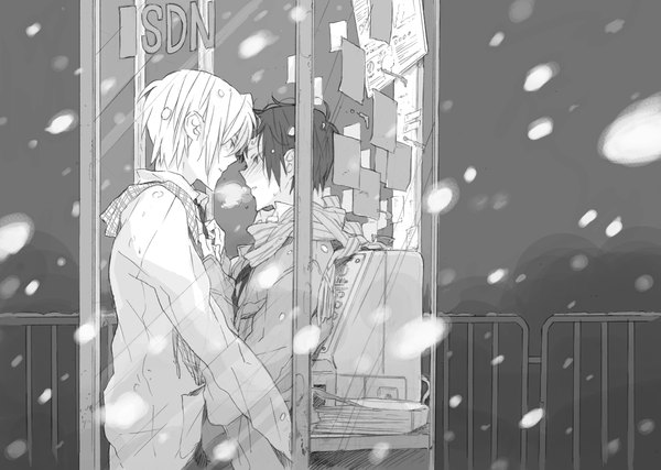 Anime picture 2000x1424 with suzumiya haruhi no yuutsu kyoto animation kyon koizumi itsuki 0, blush highres short hair blonde hair white hair profile wind grey hair multiple boys grey eyes couple hug monochrome snowing winter