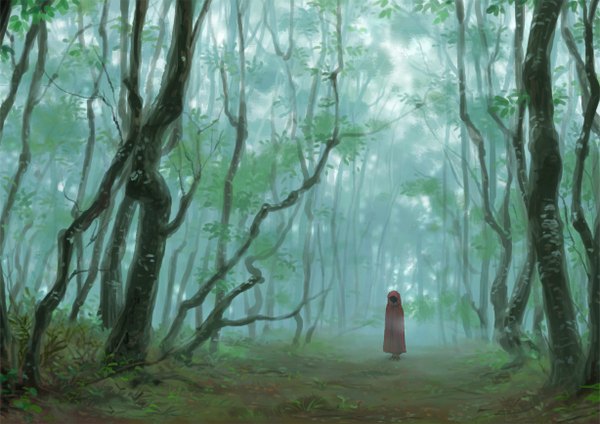 Anime picture 1228x868 with original osaki (pixiv) landscape fog plant (plants) tree (trees) hood cloak forest road