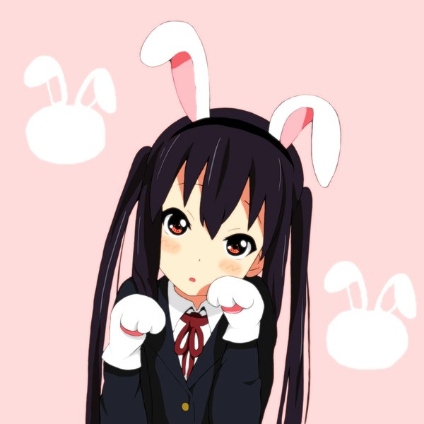 Anime picture 1000x1000 with k-on! kyoto animation nakano azusa kaiman single long hair looking at viewer blush open mouth black hair twintails animal ears head tilt orange eyes bunny ears girl gloves uniform school uniform shirt
