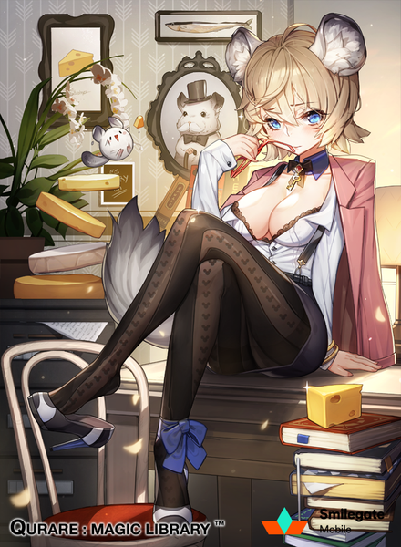 Anime picture 640x873 with qurare: magic library zodiac rat whoisshe single tall image looking at viewer short hair breasts blue eyes light erotic blonde hair animal ears cleavage tail animal tail crossed legs eyewear removed girl pantyhose glasses