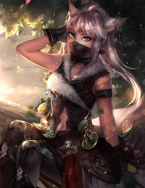 Anime picture 695x900 with original seo-jin single tall image looking at viewer fringe sitting green eyes signed animal ears silver hair ponytail cat ears arm support fur trim arm behind head covered mouth backlighting girl gloves