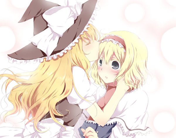 Anime picture 1500x1180 with touhou kirisame marisa alice margatroid tagme (artist) blush blonde hair multiple girls green eyes kiss forehead kiss girl bow 2 girls hairband witch hat