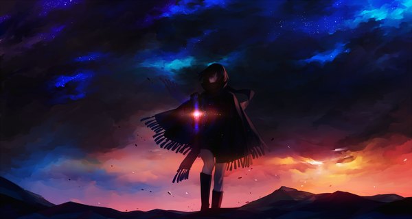 Anime picture 3000x1600 with original tayuya1130 single looking at viewer fringe highres short hair wide image purple eyes sky cloud (clouds) hair over one eye girl boots scarf star (stars) cape lantern