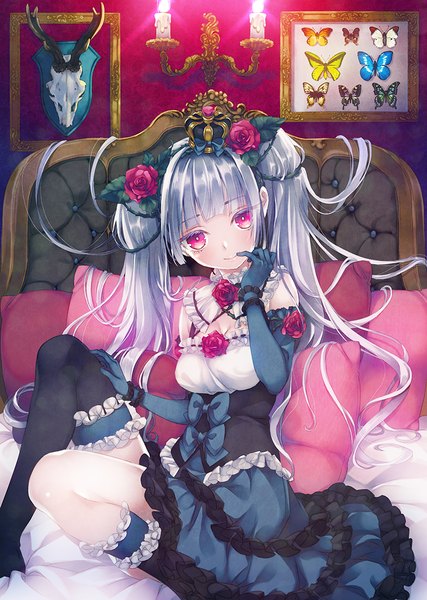 Anime picture 855x1200 with original nama2e single long hair tall image looking at viewer blush fringe smile sitting twintails silver hair pink eyes hair flower finger to mouth lolita fashion hand on knee goth-loli girl dress