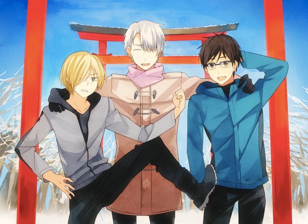 Anime picture 1000x731 with yuri!!! on ice mappa viktor nikiforov katsuki yuuri yuri plisetsky takerusilt looking at viewer fringe short hair open mouth black hair blonde hair smile standing brown eyes green eyes sky eyes closed :d arm up