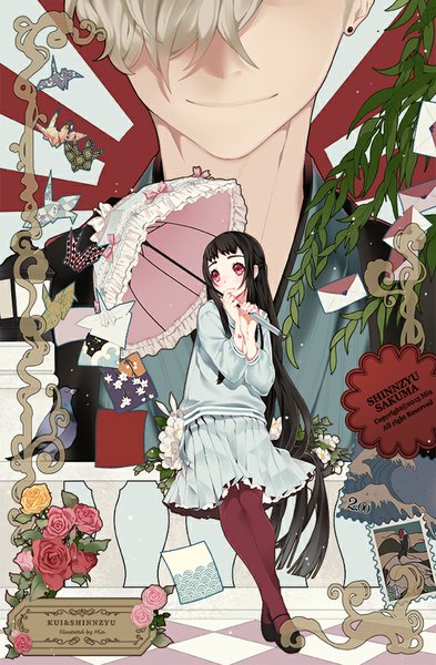 Anime picture 600x914 with original kanagawa okinami ura mia0309 tall image blush fringe short hair blue eyes black hair blonde hair smile red eyes sitting holding looking away very long hair traditional clothes japanese clothes pleated skirt pink eyes