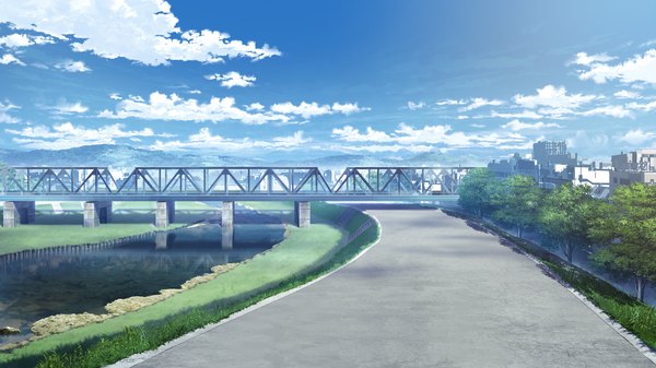Anime picture 2560x1440 with grisaia no kajitsu highres wide image game cg sky cloud (clouds) mountain river plant (plants) tree (trees) grass bridge road