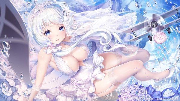 Anime picture 1920x1080 with azur lane illustrious (azur lane) illustrious (morning star of love and hope) (azur lane) paint musume single long hair looking at viewer blush fringe highres breasts blue eyes light erotic wide image large breasts twintails cleavage full body bent knee (knees) white hair