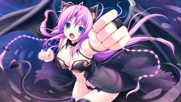 Anime picture 1280x720 with tenbin no la dea eushully single long hair looking at viewer breasts open mouth blue eyes light erotic wide image animal ears game cg cleavage purple hair tail girl navel wings
