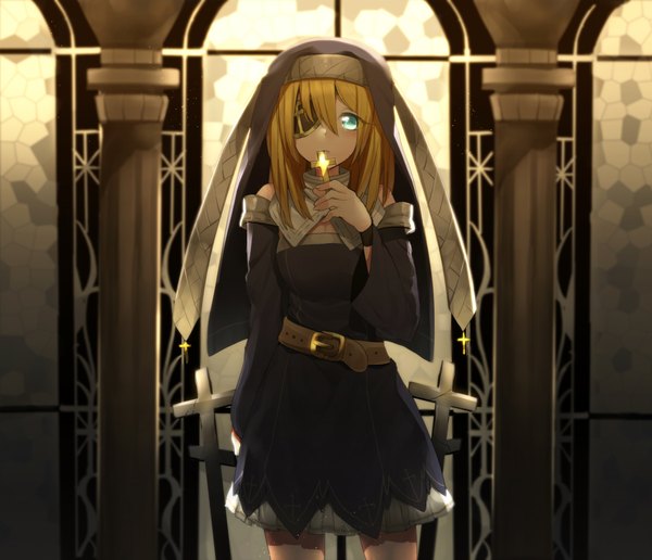 Anime picture 2090x1800 with original erubo single looking at viewer highres short hair blonde hair green eyes nun girl eyepatch cross