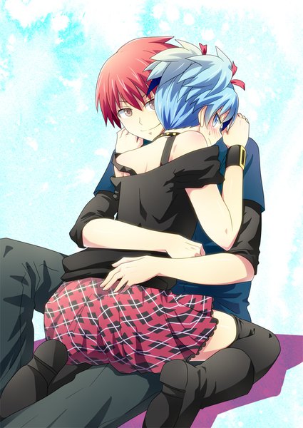 Anime picture 627x885 with ansatsu kyoushitsu shiota nagisa akabane karma syurink tall image looking at viewer blush fringe short hair blue eyes light erotic simple background smile hair between eyes sitting twintails bare shoulders brown eyes blue hair red hair