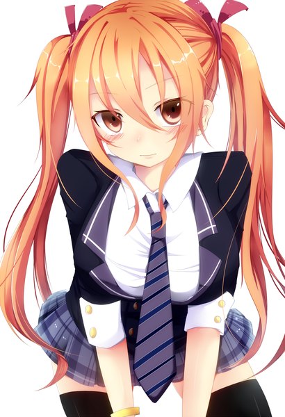 Anime picture 839x1227 with original bloodcatblack (tsukiko) single long hair tall image looking at viewer blush twintails brown eyes orange hair girl thighhighs skirt ribbon (ribbons) black thighhighs hair ribbon necktie