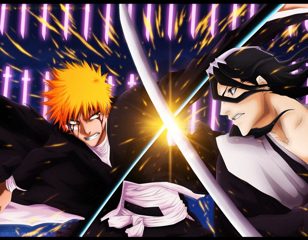 Anime picture 1697x1323 with bleach studio pierrot kurosaki ichigo kuchiki byakuya naruto999-by-roker long hair short hair black hair purple eyes japanese clothes profile orange hair orange eyes grin coloring angry battle boy weapon sword