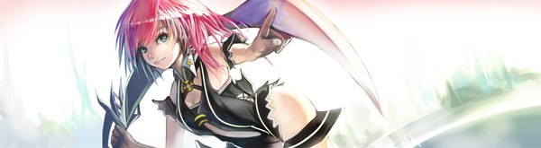 Anime picture 2000x550 with lightning returns: final fantasy xiii lightning farron comic-z single long hair looking at viewer light erotic wide image bare shoulders green eyes pink hair lips girl weapon sword star (symbol)