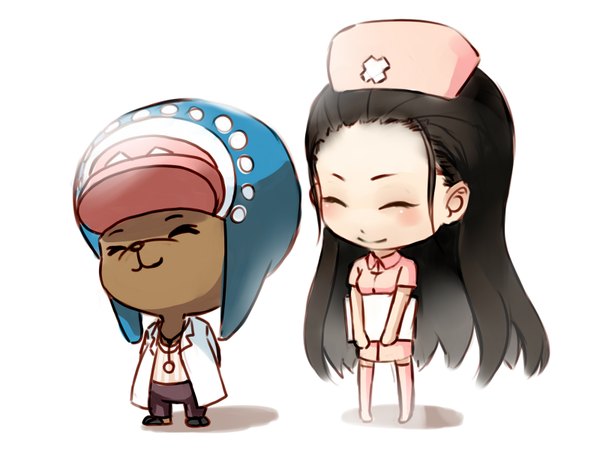 Anime picture 1600x1200 with one piece toei animation nico robin tony tony chopper totsukitouka blush black hair simple background smile white background eyes closed very long hair shadow hands behind back chibi nurse doctor girl thighhighs hat