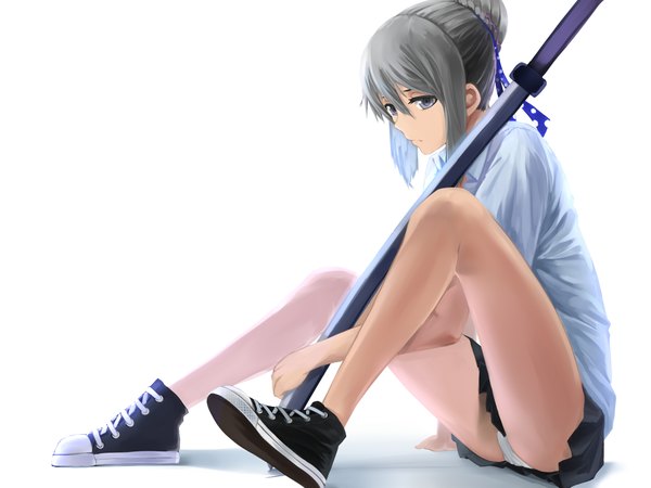 Anime picture 4000x3000 with original takamitsu-kun single highres light erotic simple background white background sitting absurdres grey hair grey eyes hair bun (hair buns) pantyshot pantyshot sitting girl skirt underwear panties ribbon (ribbons) weapon