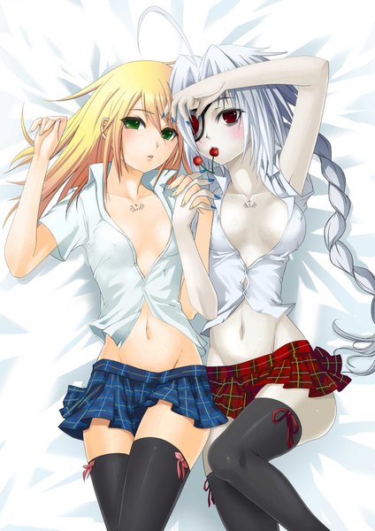Anime picture 2894x4093 with blazblue noel vermillion nu-13 tall image highres light erotic blonde hair red eyes multiple girls green eyes silver hair white hair pale skin girl thighhighs black thighhighs 2 girls food eyepatch berry (berries)