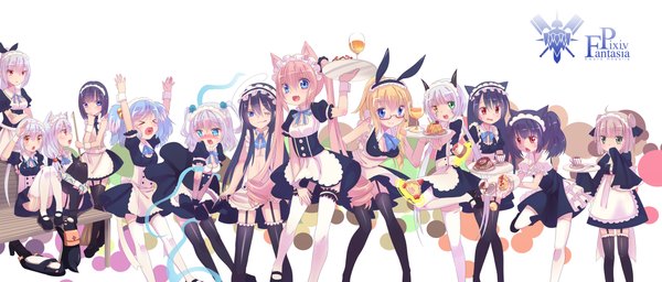 Anime picture 2339x1000 with original pixiv fantasia mvv long hair blush highres short hair open mouth blue eyes black hair simple background blonde hair red eyes wide image white background twintails multiple girls green eyes animal ears blue hair