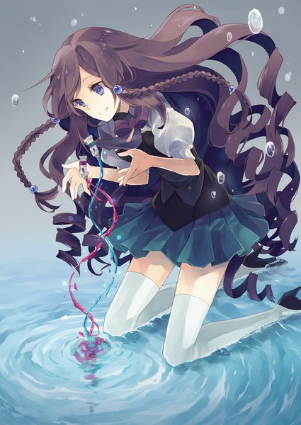 Anime picture 800x1130 with original konatsu hare single long hair tall image blue eyes brown hair braid (braids) girl thighhighs dress black thighhighs water bubble (bubbles)