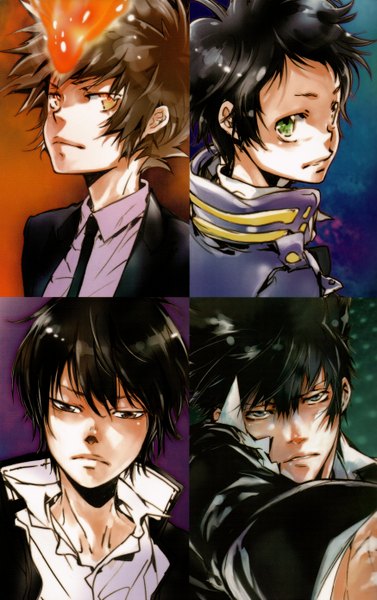 Anime picture 1746x2778 with katekyou hitman reborn eldlive rebo to dlive (artbook) sawada tsunayoshi hibari kyouya kougami shin'ya kokonose chuuta amano akira tall image looking at viewer highres short hair black hair brown hair brown eyes green eyes scan official art multiple boys orange eyes