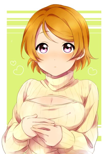 Anime picture 963x1372 with love live! school idol project sunrise (studio) love live! koizumi hanayo sekina single tall image blush short hair purple eyes orange hair looking up green background girl heart turtleneck open-chest turtleneck