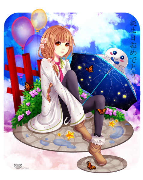 Anime picture 2300x2893 with original seishiki (artist) single long hair tall image looking at viewer highres smile brown eyes sky cloud (clouds) braid (braids) long sleeves inscription orange eyes night sky lipstick girl boots scarf
