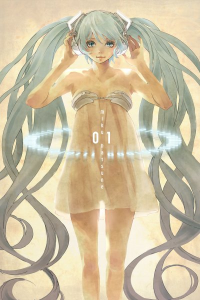 Anime picture 800x1200 with vocaloid hatsune miku motsu (fujimoto) single tall image looking at viewer simple background standing twintails bare shoulders very long hair aqua eyes aqua hair inscription wavy hair hands on head girl dress