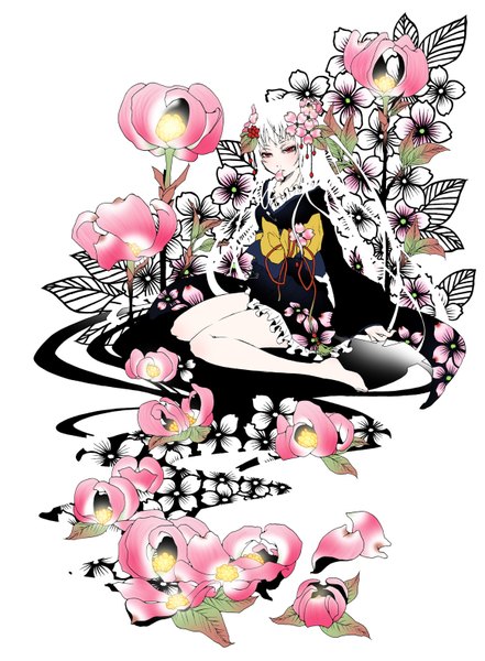 Anime picture 1166x1585 with original hari noi single long hair tall image simple background red eyes white background sitting white hair japanese clothes pink eyes barefoot hair flower girl hair ornament flower (flowers) plant (plants) petals frills