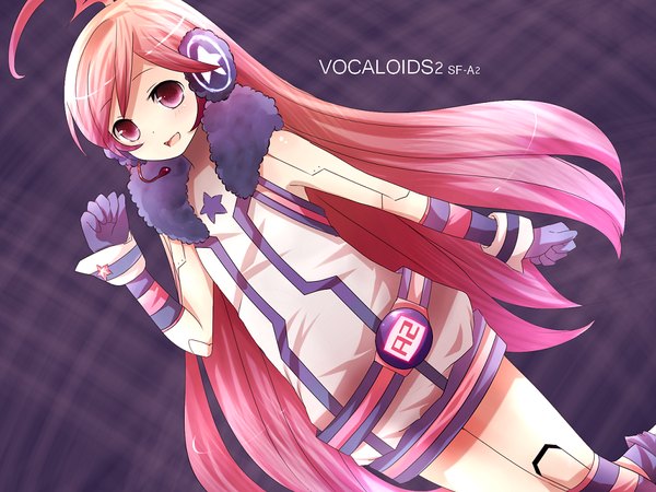 Anime picture 1024x768 with vocaloid miki (vocaloid) single long hair looking at viewer blush open mouth simple background standing pink hair pink eyes inscription copyright name girl gloves winter clothes headset earmuffs