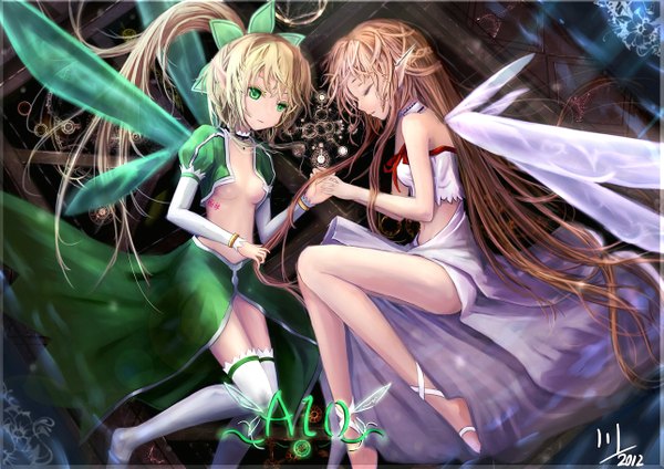 Anime picture 1287x910 with sword art online a-1 pictures yuuki asuna leafa titania (alo) wangchuan de quanyan long hair light erotic blonde hair brown hair bare shoulders multiple girls green eyes ponytail eyes closed pointy ears fairy girl thighhighs dress