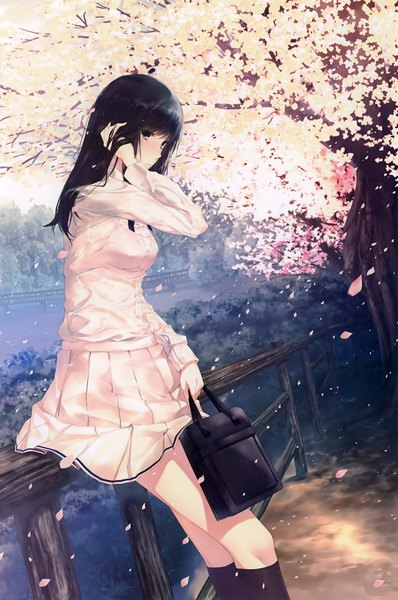 Anime picture 2652x4000 with kara no shoujo innocent grey kuchiki toko sugina miki single long hair tall image looking at viewer blush highres black hair pleated skirt wind black eyes scan official art cherry blossoms adjusting hair girl skirt
