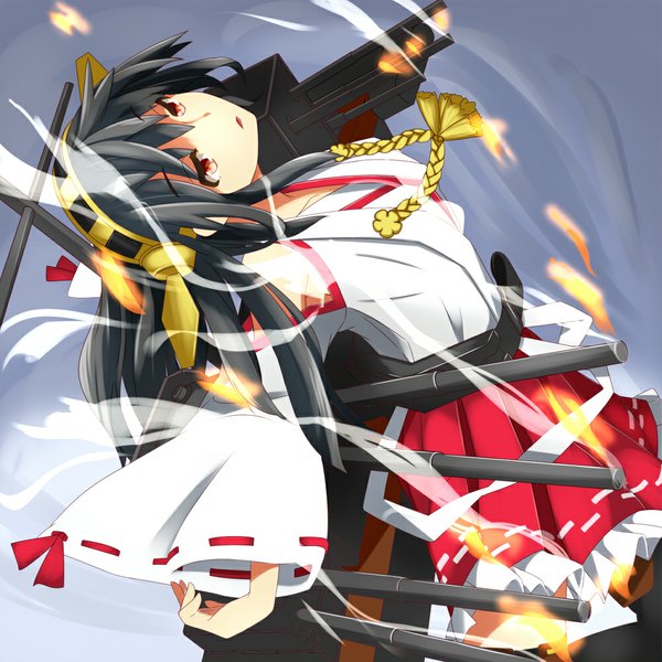 Anime picture 1000x1000 with kantai collection haruna battleship ayajou issa single long hair open mouth black hair red eyes girl dress weapon hairband fire