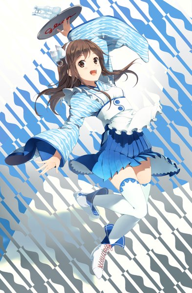 Anime picture 1200x1828 with original papico (ice cream) papico yoshino ryou single long hair tall image looking at viewer open mouth brown hair brown eyes girl thighhighs dress white thighhighs shoes