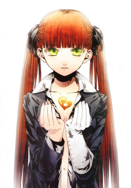 Anime picture 4373x6267 with arcana famiglia felicita sarachi yomi single long hair tall image looking at viewer highres simple background brown hair white background twintails green eyes absurdres red hair orange hair open clothes tattoo girl gloves