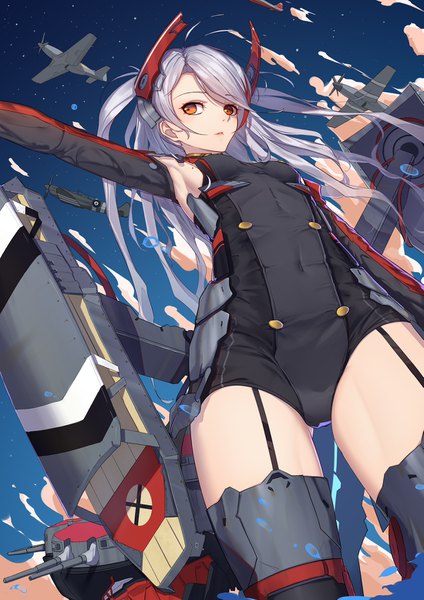 Anime picture 1099x1555 with azur lane prinz eugen (azur lane) langya beike single long hair tall image fringe light erotic looking away sky silver hair from below orange eyes two side up outstretched arm alternate breast size girl garter straps aircraft airplane
