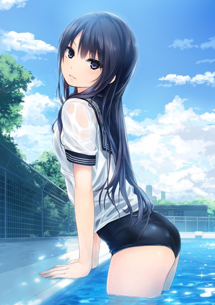 Anime picture 848x1200 with original shiramine rika coffee-kizoku single long hair tall image looking at viewer fringe light erotic black hair hair between eyes sky cloud (clouds) black eyes arm support sparkle partially submerged wet clothes swimsuit under clothes girl