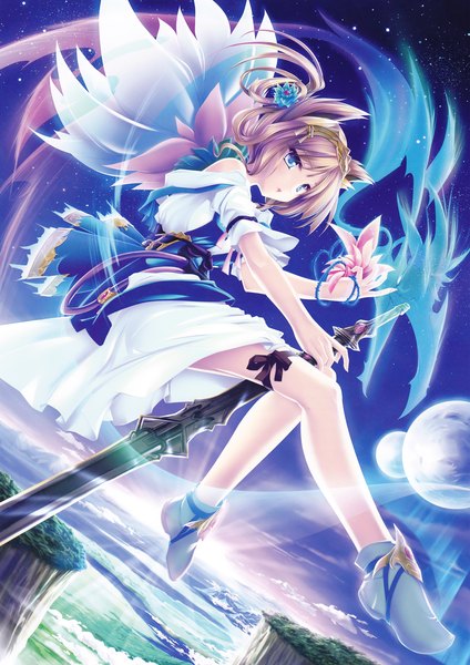 Anime picture 2168x3068 with original eshi 100-nin ten tenmaso single tall image highres short hair blue eyes brown hair animal ears girl dress hair ornament flower (flowers) weapon sword wings shoes planet