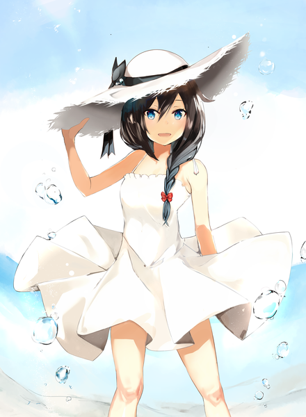 Anime picture 2502x3409 with kantai collection shigure destroyer unajuu (set mk) single long hair tall image fringe highres open mouth blue eyes black hair hair between eyes standing bare shoulders braid (braids) :d single braid adjusting hat girl dress