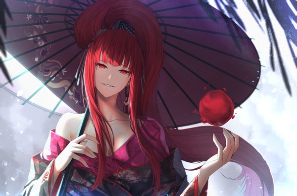 Anime picture 1344x888 with original limeblock single long hair looking at viewer fringe breasts smile red eyes standing bare shoulders payot cleavage upper body red hair traditional clothes head tilt japanese clothes side ponytail girl