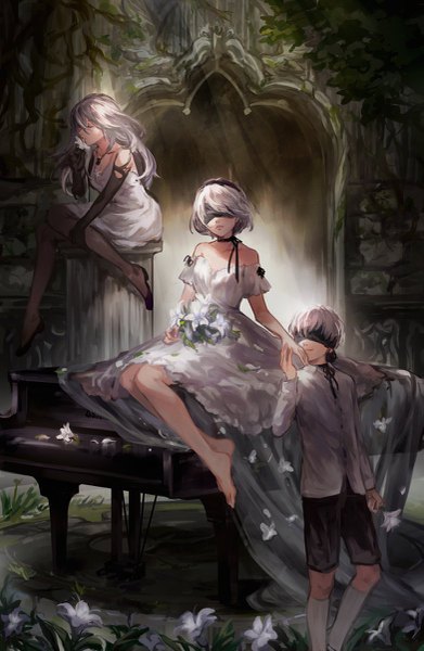 Anime picture 783x1200 with nier nier:automata yorha no. 2 type b yorha type a no. 2 yorha no. 9 type s k (sktchblg) long hair tall image short hair standing sitting multiple girls bent knee (knees) white hair eyes closed barefoot grey hair sunlight holding hands blindfold