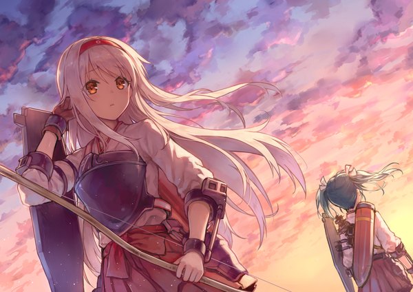 Anime picture 1697x1200 with kantai collection shoukaku aircraft carrier zuikaku aircraft carrier hiten (hitenkei) long hair red eyes twintails multiple girls holding looking away sky white hair traditional clothes japanese clothes pleated skirt green hair wind orange eyes adjusting hair evening