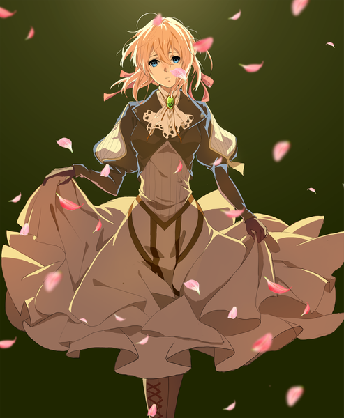 Anime picture 2160x2631 with violet evergarden kyoto animation violet evergarden (character) yoooooo-z single tall image looking at viewer fringe highres short hair blue eyes simple background blonde hair hair between eyes standing holding ahoge wind gradient background lacing