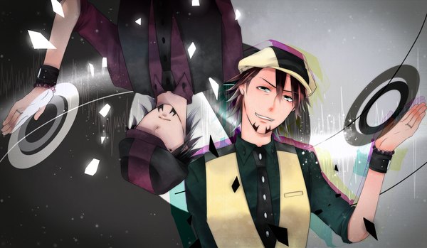 Anime picture 2500x1458 with tiger & bunny sunrise (studio) kaburagi t. kotetsu ebitetsu 333 (pixiv) highres short hair brown hair wide image dual persona spoilers dark persona boy hat necktie vest flat cap wristlet beard