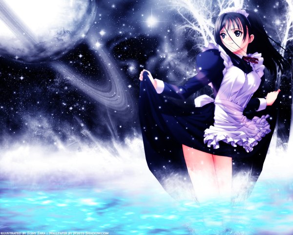 Anime picture 1280x1024 with genmukan watase nozomi tony taka single long hair blue eyes black hair signed looking away maid partially submerged third-party edit space girl water headdress maid headdress planet