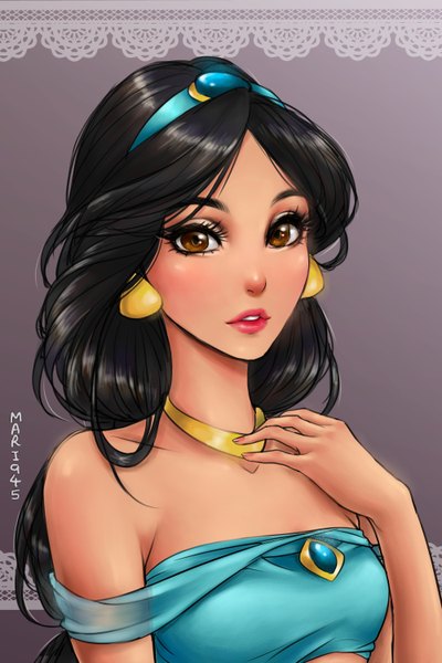 Anime picture 2000x3000 with aladdin disney jasmine mari945 single long hair tall image blush highres black hair simple background bare shoulders brown eyes signed looking away upper body parted lips lips lipstick portrait