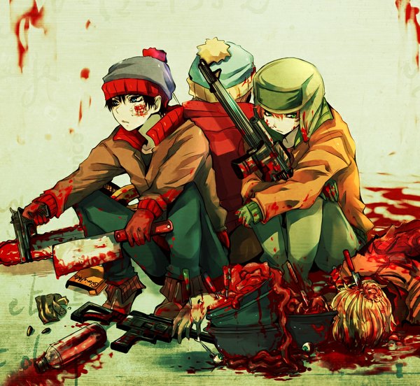 Anime picture 1100x1012 with south park eric theodore cartman kenny mccormick kyle broflovski stanley randall marsh yyy. (pixiv) short hair blue eyes black hair blonde hair green eyes group guro boy gloves weapon hat jacket gun hood