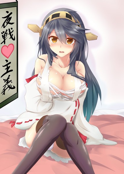 Anime picture 858x1200 with kantai collection haruna battleship yukiru akitera single long hair tall image blush breasts open mouth light erotic black hair large breasts bare shoulders brown eyes pantyshot sitting girl thighhighs hair ornament black thighhighs detached sleeves