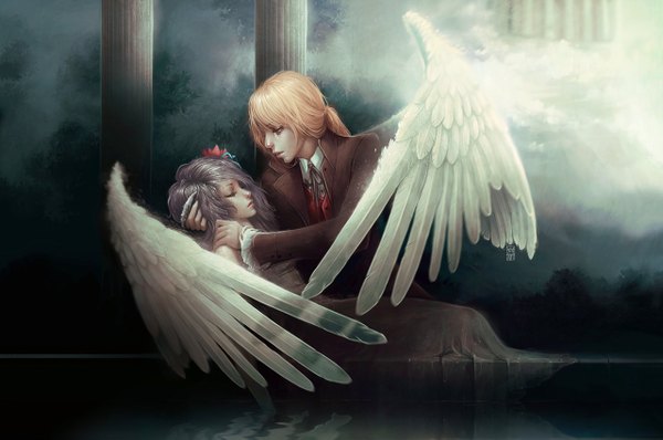 Anime picture 1280x850 with original valentina remenar long hair blonde hair signed purple hair eyes closed profile hair flower wet couple smoke angel wings girl dress boy hair ornament wings water suit