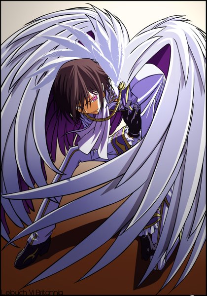 Anime picture 1049x1500 with code geass sunrise (studio) lelouch lamperouge single tall image looking at viewer short hair black hair heterochromia boy wings suit