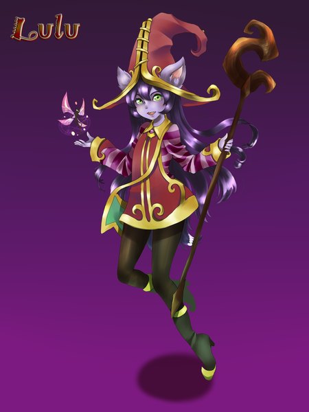 Anime picture 1430x1906 with league of legends lulu (league of legends) y.i. (lave2217) single long hair tall image simple background green eyes animal ears purple hair purple background fairy girl hat pantyhose shoes witch hat staff